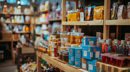 Rustic store interior with wooden shelves displaying a variety of natural and organic products. The warm lighting enhances the inviting atmosphere, perfect for themes of health, wellness, and lifestyle.の素材