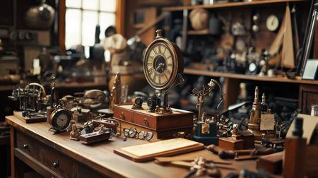 A vintage collection of scientific instruments and antique items displayed on a wooden desk, creating a nostalgic, historical ambiance.の素材