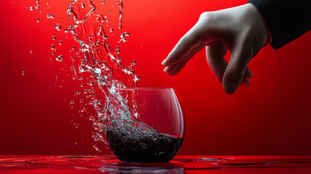 A dramatic shot of a hand splashing water into a glass against a vivid red background, creating a bold and visually striking composition with motion.の素材