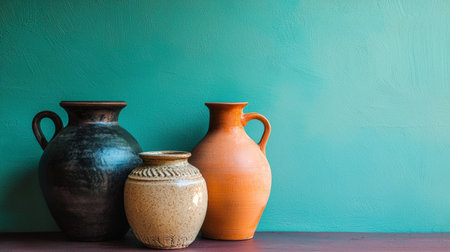 Three vintage ceramic jugs in different earthy tones arranged against a turquoise wall, offering a rustic and artistic feel ideal for decor and pottery themes.の素材