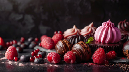 Selection of chocolate desserts with fresh raspberries, blueberries, and blackberries on a dark background, creating a luxurious, indulgent composition.の素材