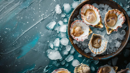 Overhead view of fresh oysters served on ice in a rustic bowl, with a textured blue background and sea-inspired ambiance, perfect for seafood themes.の素材