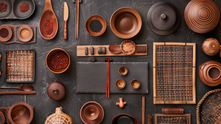 Flat lay of traditional Japanese wooden tableware, including bowls, spoons, and chopsticks, arranged on a dark, textured background.の素材