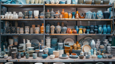 Assortment of handcrafted ceramic pottery in various shapes and colors displayed on shelves, showcasing traditional craftsmanship and artistic design.の素材