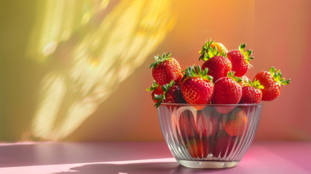 Clear glass bowl filled with vibrant red strawberries illuminated by soft, warm sunlight. Fresh and healthy food concept with organic produce.の素材