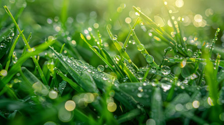 Close-up of vibrant green grass blades covered in morning dew, illuminated by soft sunlight creating bokeh. Fresh and natural spring concept.の素材