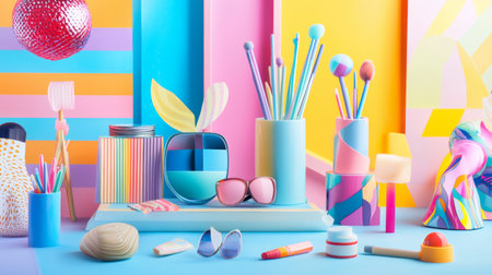 A truly stunning and captivating display of vibrant art supplies and various accessories against a lively backdropの素材