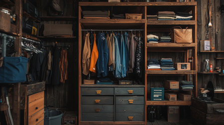 A well-organized closet with folded clothes, jackets, and storage boxes in a rustic wooden setting. Perfect for organization, storage, and interior design themes.の素材