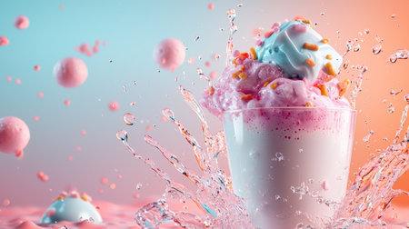 Close-up of a milkshake topped with pink ice cream, sprinkles, and colorful toppings, captured with a splash effect against a pastel gradient background.の素材