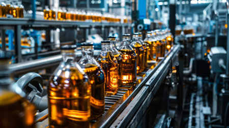 Industrial setting of a bottling line with amber-colored glass bottles on a conveyor in a factory. Suitable for production, manufacturing, and industry themes.の素材