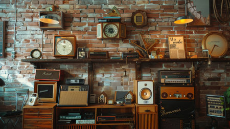A collection of retro audio equipment and vintage clocks arranged on shelves against a rustic brick wall, creating a nostalgic, industrial atmosphere.の素材