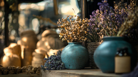 A beautiful arrangement of dried flowers in a textured blue vase with soft natural lighting, creating a rustic, cozy atmosphere ideal for home decor inspiration.の素材