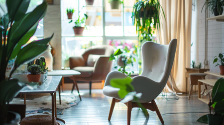 A cozy living room filled with natural light, decorated with plants and modern furniture. Perfect for themes of interior design, home comfort, and relaxation.の素材