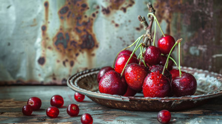 Closeup of fresh red cherries in a rustic metal bowl on a distressed background. Aesthetic scene ideal for food photography and natural themes.の素材