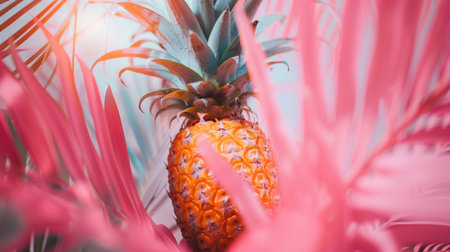 A ripe pineapple framed by vibrant pink tropical leaves, creating a bold and exotic visual. The bright colors and tropical theme make this image ideal for summer and vacation concepts.の素材