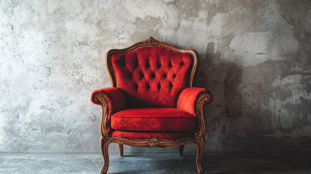 A luxurious vintage red armchair with an ornate wooden frame placed against a gray textured wall, exuding elegance and classic style, perfect for sophisticated interiors.の素材