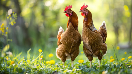 A scene featuring two brown chickens standing on green grass, with a softly blurred natural background that highlights a sunny, pastoral setting.の素材