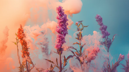 Vibrant purple and pink flowers surrounded by colorful smoke against a teal background, creating an ethereal and artistic scene with soft hues.の素材