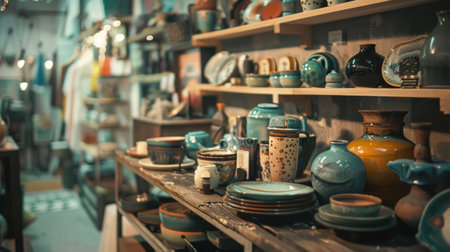 Shelves filled with handmade rustic pottery in an artisan shop, featuring earthy tones and unique designs. The cozy setting highlights craftsmanship and traditional decor.の素材