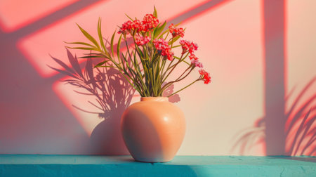 Simple pink and green floral arrangement in a ceramic vase, set against a pastel-colored wall with soft shadows. The minimalistic scene evokes calm and elegance.の素材