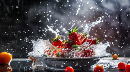 Dramatic splash of water surrounding vibrant fresh strawberries on a plate, set against a dark background with water droplets in motion.の素材