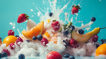 A dynamic composition of assorted fruits, including strawberries and oranges, splashing into water against a vibrant blue background.の素材