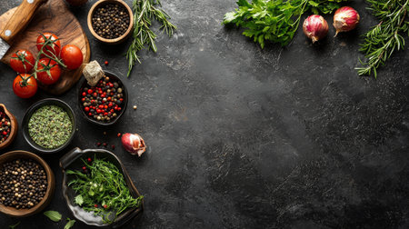 A vibrant and colorful selection of fresh herbs, aromatic spices, and ripe tomatoes displayed on a dark kitchen surfaceの素材