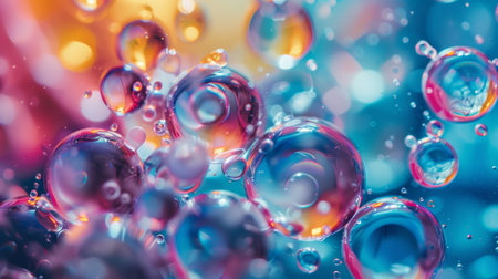 An artistic close-up of bubbles reflecting vibrant colors in a dreamy and abstract composition, evoking a sense of wonder and beauty.の素材