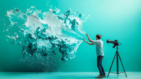 An artist interacting with a large abstract splash of paint in turquoise tones, creating a surreal scene of color and imagination.の素材
