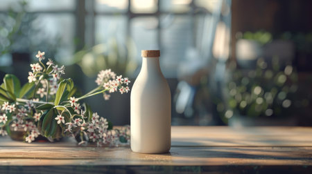 A minimalist ceramic bottle placed on a wooden table with flowers nearby, bathed in soft natural light, creating a calm and serene atmosphere.の素材
