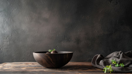 A rustic wooden bowl placed on a dark textured background with a few green herbs, creating a minimalist and earthy aesthetic with natural tones.の素材