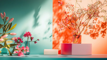 A modern floral arrangement with pink and orange flowers against teal and peach backgrounds, highlighted by dramatic shadows, creating a vibrant, artistic display.の素材
