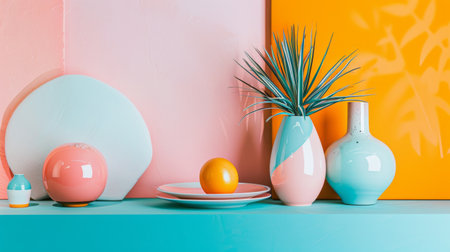 A playful scene of colorful vases and decor items, including an orange, set against a pastel and vibrant backdrop with tropical accents and bold patterns.の素材