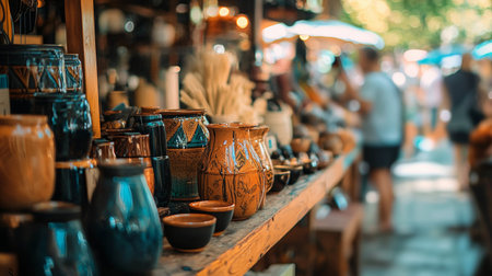 Handcrafted pottery displayed on a wooden table at an outdoor market, featuring various shapes, colors, and intricate patterns, with a blurred background of shoppers.の素材