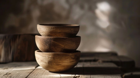 A stack of rustic wooden bowls on a textured, dark surface. The natural grain and lighting create a warm and earthy atmosphere, ideal for kitchen decor.の素材