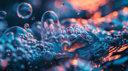A close-up macro photograph of bubbles with intricate reflections and lighting effects in blue and orange hues. Perfect for abstract, science, or underwater themes.の素材