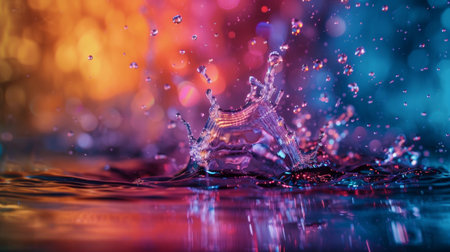 A close-up of water splashing with vibrant bokeh lighting in the background, creating a visually striking, colorful effect. Ideal for abstract, energy, and creative themes.の素材
