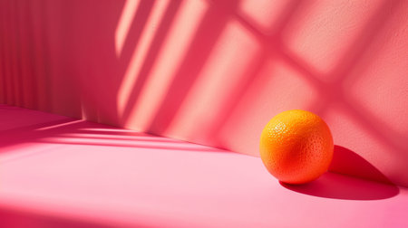 A minimalist composition featuring an orange against a vibrant pink background with bold shadow patterns, creating a modern and artistic aesthetic. Ideal for design and abstract themes.の素材