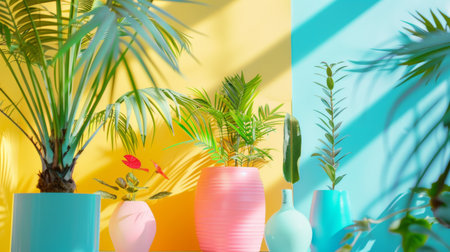 A lively arrangement of potted tropical plants placed against a vibrant yellow and blue background, casting shadows and exuding a fresh, modern vibe.の素材