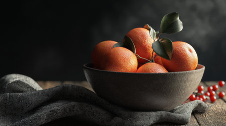A rustic, textured bowl filled with fresh oranges placed on a wooden table, creating a warm, homely atmosphere with soft lighting and contrast.の素材