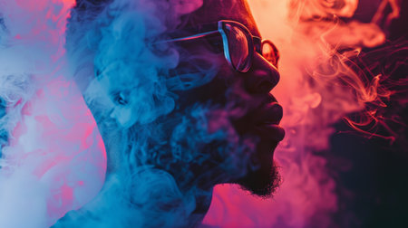 Artistic portrait of a man wearing glasses surrounded by swirling blue and pink smoke, creating a vibrant and mysterious atmosphere.の素材