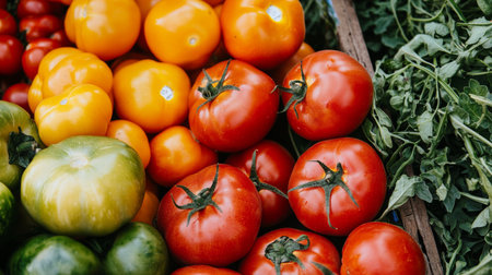 A close-up of assorted fresh tomatoes in different colors, placed next to leafy greens, emphasizing freshness and farm-to-table quality.の素材