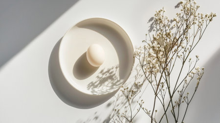 A serene, minimalist arrangement featuring a ceramic bowl and delicate dried flowers on a light background with soft shadows, evoking calm and simplicity.の素材
