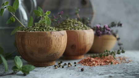 Close-up of wooden bowls filled with dried herbs, placed on a rustic surface with loose leaves and spices, showcasing natural and organic ingredients.の素材