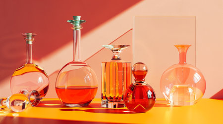 A composition of elegant glass decanters with orange liquids and shadows against a peach background, creating a sophisticated ambiance.の素材