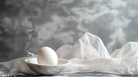 A serene and minimalist still life composition featuring a white egg placed in a ceramic bowl, draped with a soft white cloth against a muted background. Ideal for concepts of simplicity, purity, and calm.の素材