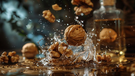 A close-up shot of walnuts splashing into water, captured with dramatic lighting and droplets suspended in the air. Ideal for themes related to freshness, food, and energy.の素材