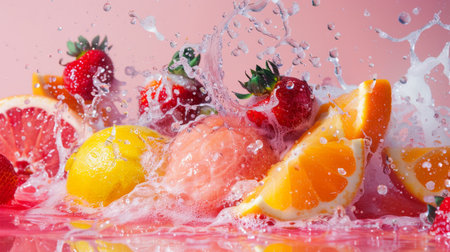 A refreshing scene of various fresh fruits splashing in water, with bright colors against a pink background, symbolizing health, energy, and vitality.の素材