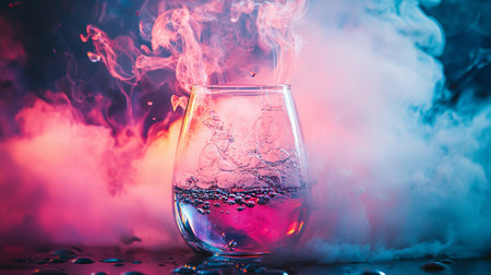 A close-up of a glass filled with water and bubbles surrounded by vibrant pink and blue smoke. The neon lighting creates a dynamic, surreal effect, adding depth and color contrast.の素材