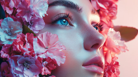 Close-up of a woman's face with blue eyes, surrounded by pink blossoms. The delicate petals and her serene expression create a dreamlike, floral-inspired portrait perfect for beauty themes.の素材